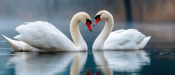 Two swans form heart shapes with necks on water as reflections shimmer in light blue and grey gradient background for romantic setting
