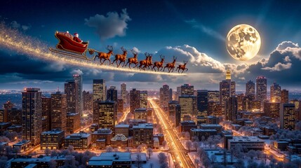 Naklejka na ściany i meble A santa claus flying in a sleigh over a city at night with a full moon