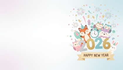 Celebratory new year countdown with adorable animals 2026 theme colorful festivities whimsical illustration cheerful atmosphere holiday spirit for joyful greetings