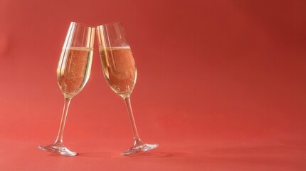 Fototapeta premium Two elegant champagne flutes clinking in a toast against a vibrant red background.