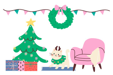 Obraz premium Christmas interior with pink chair, cat, holiday decorations