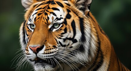 Fototapeta premium A majestic tiger with striking orange and black stripes, green eyes, and a fierce expression, set against a blurred green background.