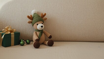 Crocheted reindeer toy with green hat and scarf sitting beside Christmas gift box and ornaments on beige couch