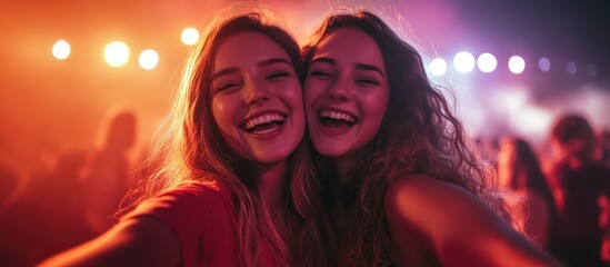 Two women laughing at a concert