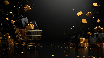  black and gold shopping cart with gift boxes flying out on a dark background 