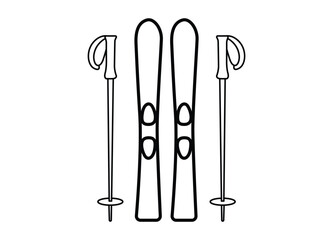 Black outline icon illustration of ski equipment with two skis and poles for winter sports recreation