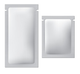 Blank Flat Sachet Packaging Mockup, Realistic Foil Pouch with Tear Notch Vector