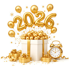 Golden 2026 New Year Celebration with Gift Box and Balloons