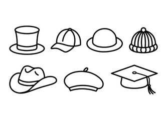 Diverse collection of popular hat styles outlined in black as simple vector icons