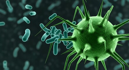 Microscopic view of a large green virus particle surrounded by rod shaped bacteria