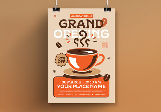 Coffee Shop Grand Opening Poster Template with Vintage Illustration and Bold Promotional Layout