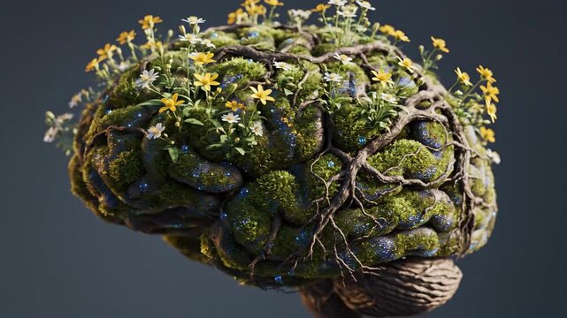 Brain Covered in Lush Green Moss and Blooming Flowers.