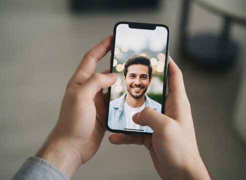 Smiling man displayed on smartphone screen held by hands in casual photo share moment - Powered by Adobe