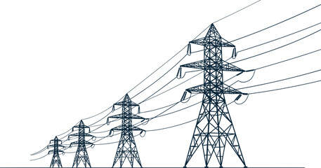PrinElectric transmission towers, power lines, black silhouette, infrastructure, energy grid, pylons, voltage, utility, industrial design, distance, structure, supportt