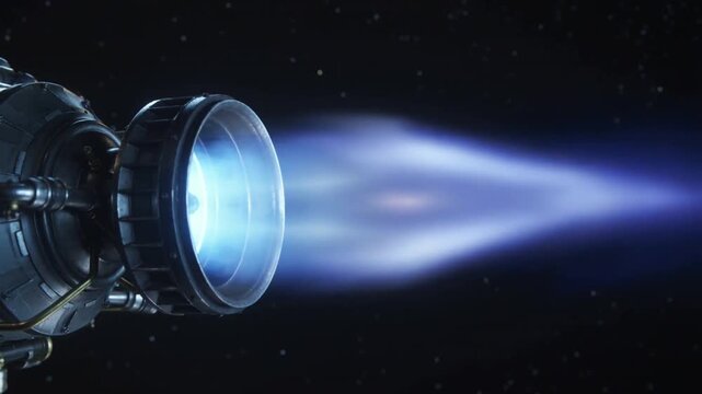 Igniting spacecraft nozzle emitting blue plasma exhaust plume in starfield for thrust with struts