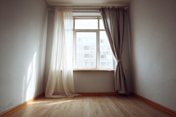Fototapeta premium Empty room interior with a window and sunlight streaming in.