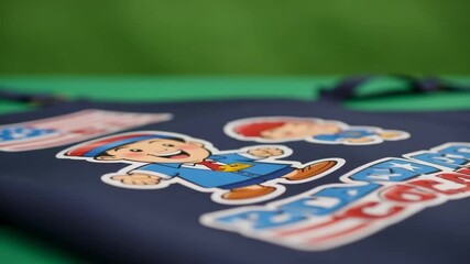 Close up of a navy blue fabric with cartoon character stickers and green background visible above it