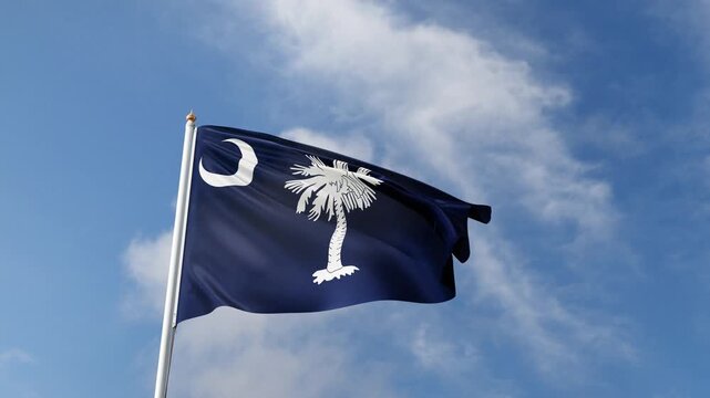 South Carolina flag 4K video, waving in the wind, american state flag on a blue sky, tall flagpole, USA, US patriotism, flag of South Carolina