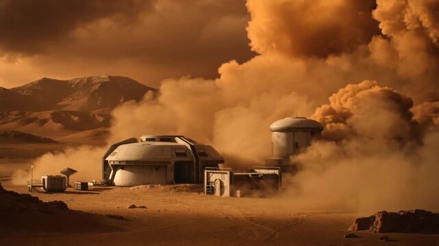 Advancing massive orange dust cloud wind-pushed toward outpost barren plain, obscuring modules