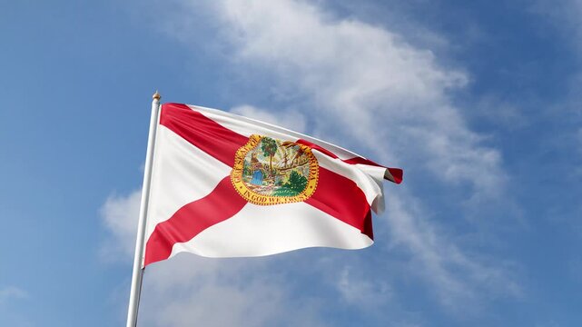 Florida flag 4K video, waving in the wind, american state flag on a blue sky, tall flagpole, USA, US patriotism, flag of Florida