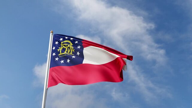 Georgia flag 4K video, waving in the wind, american state flag on a blue sky, tall flagpole, USA, US patriotism, flag of Georgia