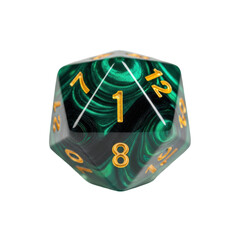 Macro of a polished marbled emerald d20 die isolated on white, golden number '1' up, sharp focus, dramatic studio lighting, conveying critical failure in tabletop gaming concept of bad luck
