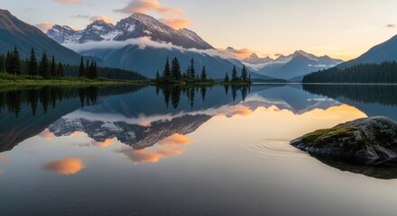 A serene mountain lake with a reflection of the mountains in the water, surrounded by trees and a rocky outcrop.