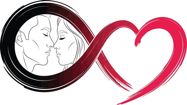 Romantic couple kissing inside infinity symbol with red heart, eternal love relationship concept, Valentine&rsquo;s Day wedding design, continuous line art illustration for greeting card romantic