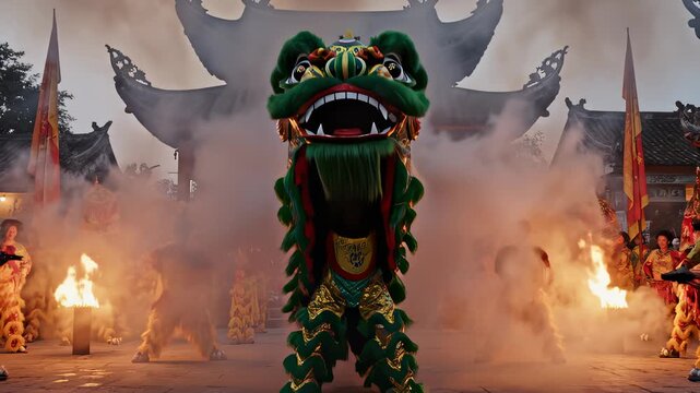 Green Chinese Dragon Dancing Amidst Smoke and Flames Celebration