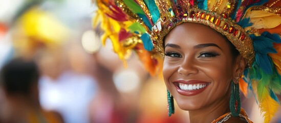 Smiling Woman Wearing Colorful Feather Headdress in Outdoor Celebration