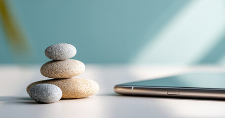 Stack of smooth pebbles balanced on a white surface next to a modern smartphone with soft natural light and blurred blue background