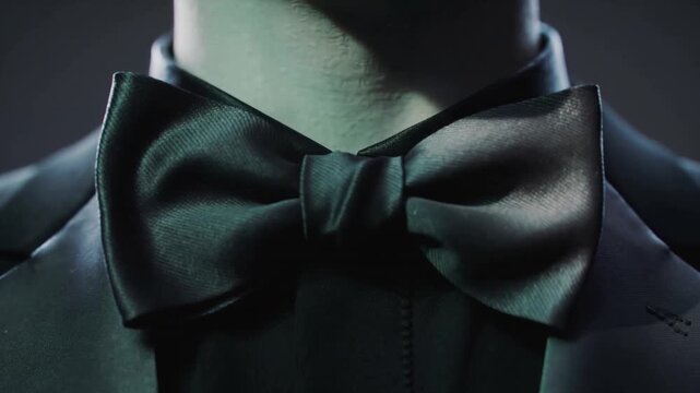 Pulling back camera revealing male model holding still at studio set, showcasing black silk bow tie