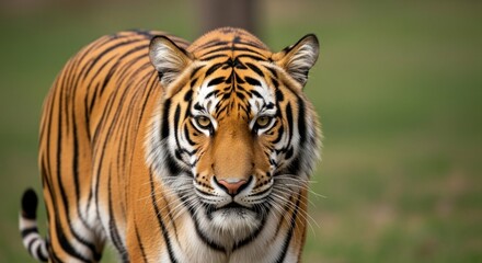 A majestic Bengal tiger standing in a grassy field with its head held high, looking directly at the camera.