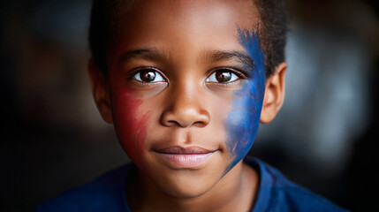 African boy with face painted in the colors of the American flag. Election Day in the USA. America Day. Festive Mood on President's Day
