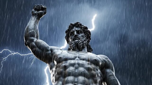 Powerful Statue of Zeus Amidst a Violent Thunderstorm.