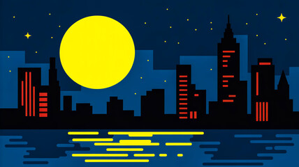A stylized digital illustration of a nighttime cityscape with a large yellow full moon in the background