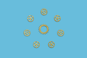 System and network integration concept with gold gears in a circular layout