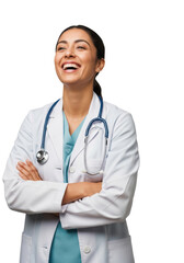 Young hispanic female doctor in a white lab coat and teal scrubs, laughing happily, arms crossed, on a transparent studio background with extensive copy space. Concept of trusted medical