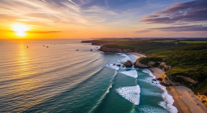 A stunning sunset over a rocky coastline with a sandy beach and greenery in the background. - Powered by Adobe