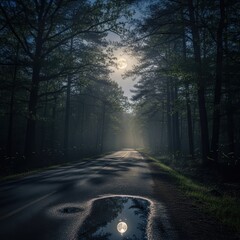 Obraz premium Enigmatic nocturnal highway scene with celestial illumination through dense woodland expanse