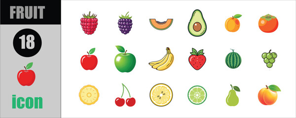 Fruit Icon Set Collection 18 Colorful Flat Vector Illustrations Fresh Healthy Food Organic Symbols