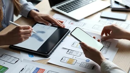 Two people collaborating on a digital product design project using tablets and sketches on a wooden table with a laptop in the background a close up shot