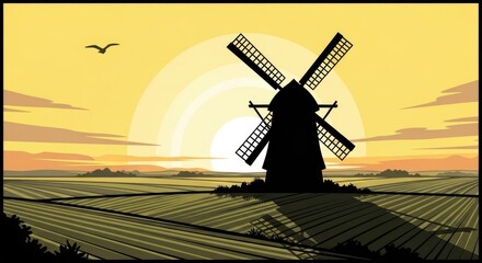 Obraz premium Sunset Silhouette of Windmill and Field With Flying Bird Landscape-gigapixel-standard-scale-6_00x.jpg