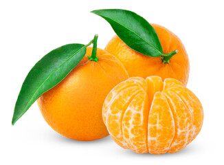 Ripe tangerine fruits with green leaf and peeled tangerine. Fresh mandarin fruit with leaves on white background. Two ripe clementine fruits with leaves.