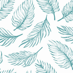 Seamless exotic pattern with palm leaves in linear style. Brush drawn tropical palm leaves wallpaper. Handdrawn vector ink illustration. Botanical graphic design for print. Grunge tropical foliage.
