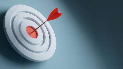 Red arrow hitting the center of a white circular target symbolizing precision and goal achievement on a blue gradient background