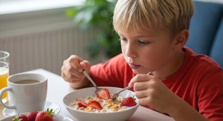 A young boy eats cereal with strawberries at a table with coffee and juice nearby