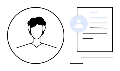 Identity verification, profile management, digital security, personal information, online profiles, user recognition. Line-drawn person beside a document-thumbs up symbol. Identity verification