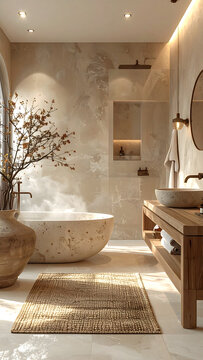Cozy interior design of the bathroom, eco organic texture, lights colors, sabi wabi style