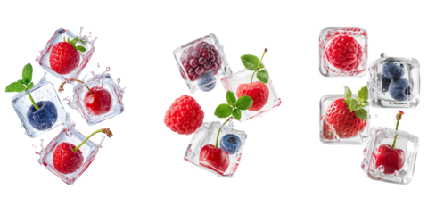 Raspberry, blueberry, strawberry, cherry in an ice cube isolated on a transparent background